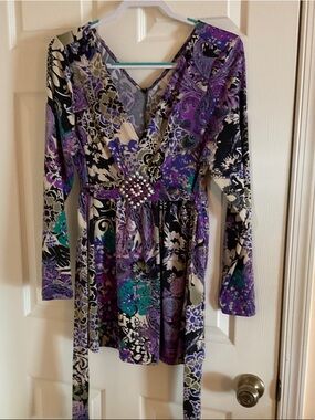 Beige by eci Purple Floral Paisley Long-Sleeve blouse. Ties in the back.